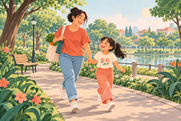 Ilustrasi ibu ceria jalan pagi bersama anaknya di taman