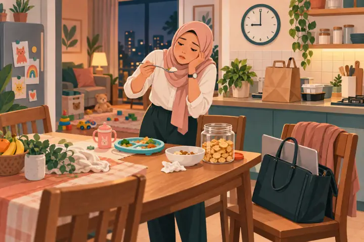 Ilustrasi ibu bekerja yang kelelahan makan sisa makanan anak di malam hari