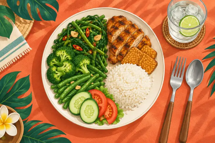 Ilustrasi piring berisi setengah sayur, seperempat ayam dan tempe, seperempat nasi