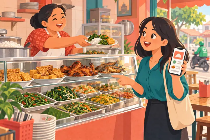 Ilustrasi ibu memesan nasi sedikit dan sayur banyak di warteg